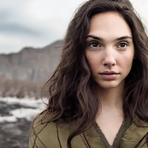 Image similar to a masterpiece portrait photo of a beautiful young woman who looks like an eskimo gal gadot, symmetrical face, random background scene