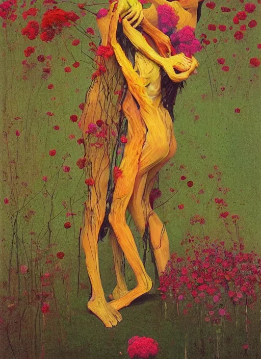 Image similar to women made of twigs and colorful flowers hugging Edward Hopper and James Gilleard, Zdzislaw Beksinski, highly detailed