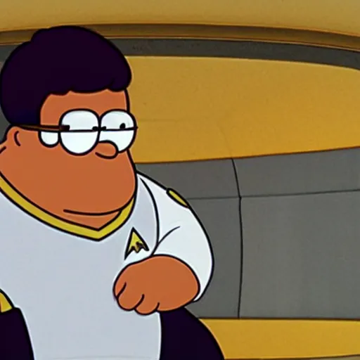 Prompt: Peter Griffin in Star Trek Next Generation, Peter Griffin becomes on with the Star Trek crew, Realistic, HDR, HDD, Real Image from Star Trek Next Generation, Real Event.