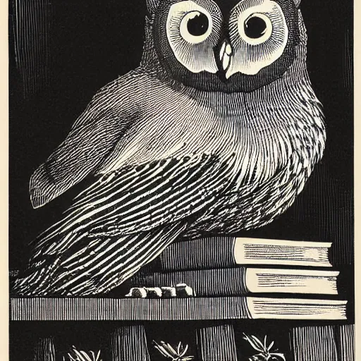 Image similar to an owl perched on a stack of books, art by james o barr and albrecht durer, woodblock print, black and white, vector