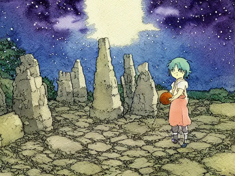 Image similar to a simple watercolor studio ghibli movie still fantasy concept art of a giant medieval kid playing with stones like they are toys in a tiny stonehenge. it is a misty starry night. by rebecca guay, michael kaluta, charles vess