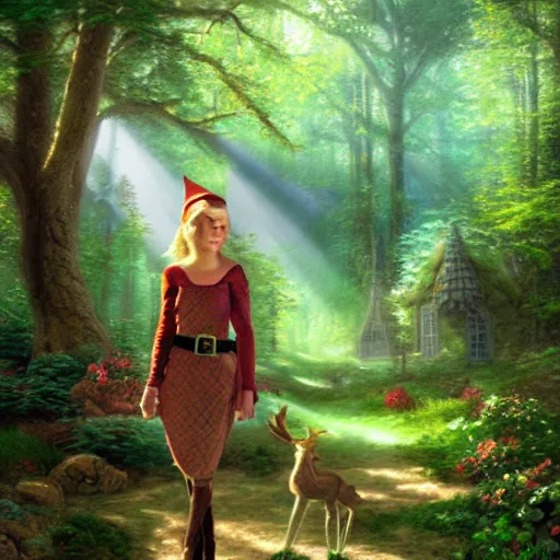 Prompt: portrait of claire boucher as an elf, fantasy rpg, dark woods in the background, light rays peaking through the tree, 8 k, art by thomas kinkade, very detailed, photo realism