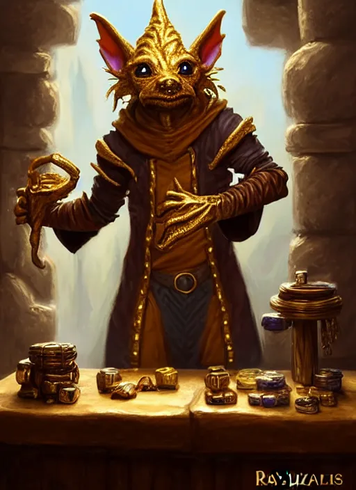 Image similar to a _ fantasy _ style _ portrait _ painting _ of a humanoid gold kobold male in wizard robes selling wares in his shop, oil _ painting _ unreal _ 5 _ daz. _ rpg _ portrait _ extremely _ detailed _ artgerm _ greg _ rutkowski _ greg