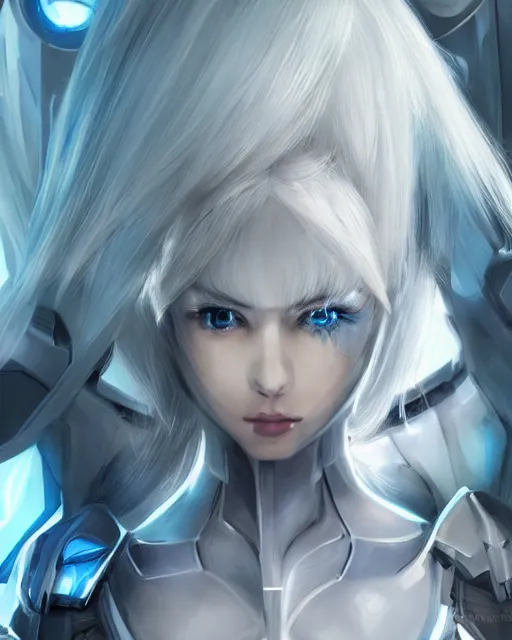 Prompt: perfect white haired girl, warframe armor, beautiful, dreamy, pretty face, blue cyborg eyes, portrait, detailed, bright light, scifi, elegant, utopian architecture in the background, laboratory, 4 k, ultra realistic, aura of light, cinematic, highly detailed, intricate, masterpiece, art by akihito tsukushi, akasuki brightmind