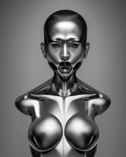 Image similar to realistic photo portrait of a metal woman with human head in the style of hajime sorayama, studio lighting, 1 5 0 mm