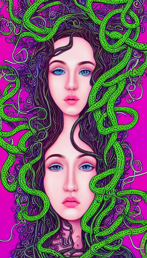 Image similar to very detailed portrait of a 2 0 years old girl surrounded by tentacles, the youg woman visage is blooming from fractal and vines, by lisa frank,