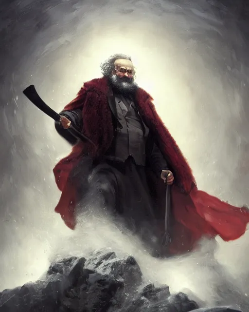 Image similar to oil painting of Angry Karl Marx, wearing fur cloak, sharp focus, holding Sabre, heroic pose, fantasy style, octane render, volumetric lighting, 8k high definition, by greg rutkowski, highly detailed, trending on art Station, magic the gathering artwork, Battlefield backround, centered