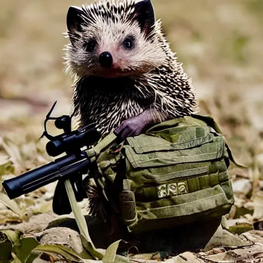 Prompt: still image of a hedgehog soldier wearing military gear, the hedgehog is holding a rifle, photo