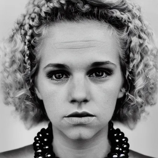 Image similar to symmetrical human portrait of lisa simpson with pearls and with blonde curly hair, grainy high contrast black and white photography photo print ilford warm tone