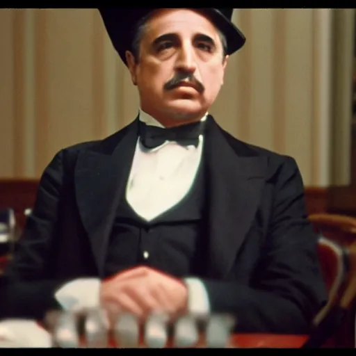 Prompt: the godfather wears a top hat. 5 0 mm, cinematic, technicolor