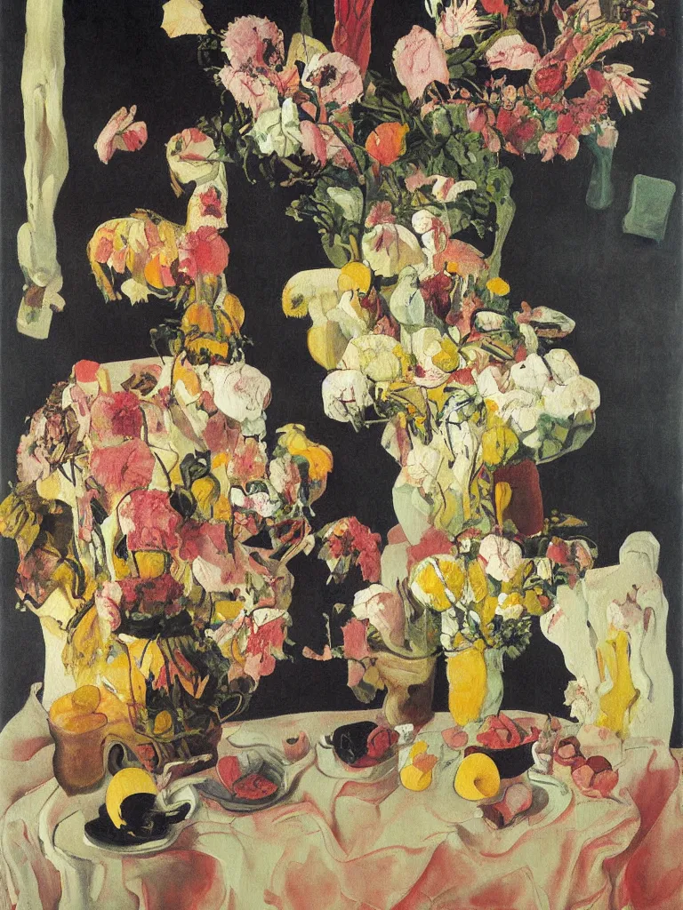 Image similar to a surreal painting of a breakfast still life, flowers, by George Baselitz, symbolist, soft colors, dramatic lighting, smooth, sharp focus, extremely detailed, aesthetically pleasing composition