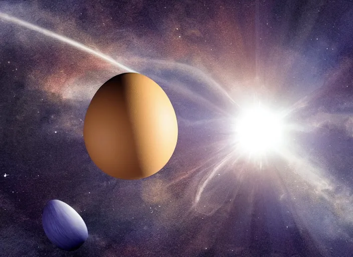 Prompt: 3d render of an egg shaped planet flying through interstellar space depicted by Leonardo da Vinci