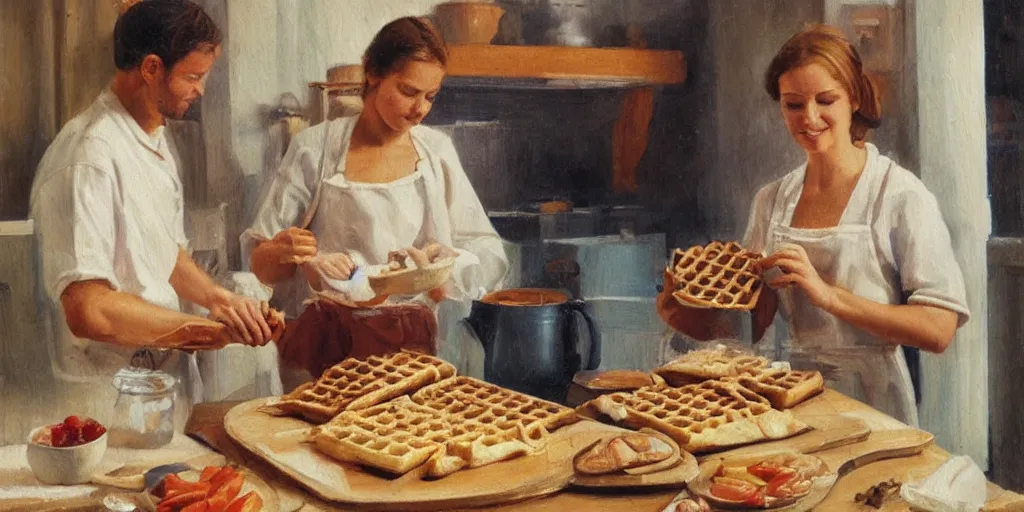 Image similar to A couple baking waffles together, oil painting, romantic