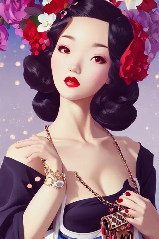 Image similar to a pin up and beautiful fashion dreamlke japan girl with lv jewelry, character art, art by artgerm and wlop and and ilya kuvshinov, hyperdetailed, 8 k realistic, symmetrical, frostbite 3 engine, cryengine, dof, trending on artstation, digital art, chanel, dior, fantasy background