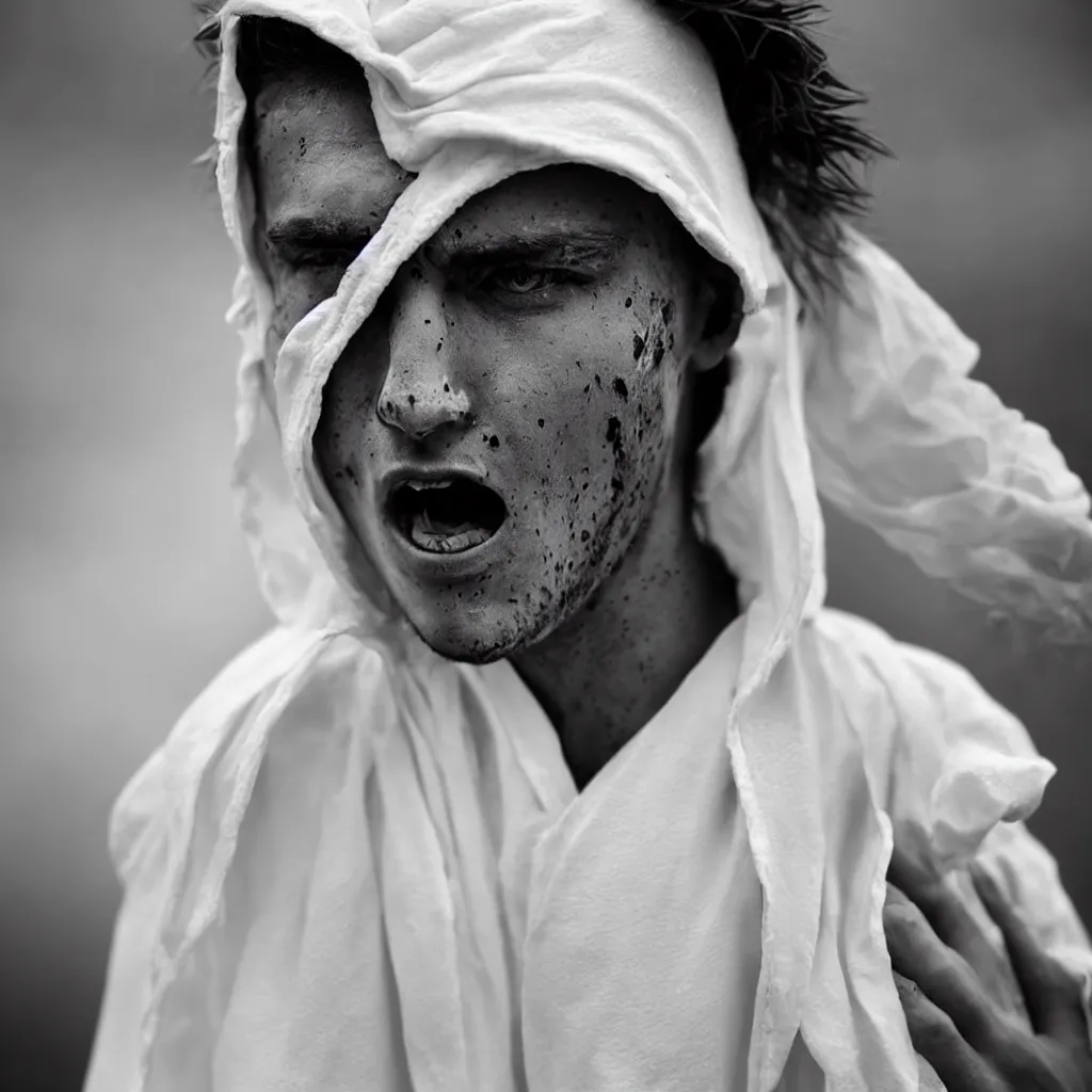 Prompt: Extreme Close-Up (ECU) vintage black and white portrait photo of a young man dressing in white robes wearing white masks in the field, the man is screaming, cinematic lighting, cinematic composition, cinematic atmosphere, misty foggy. Vogue photography Sigma 85mm f/5-6.3 lens, portrait winning photograph.