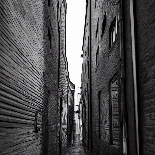 Image similar to detailed realistic photo of an alley at night, low angle