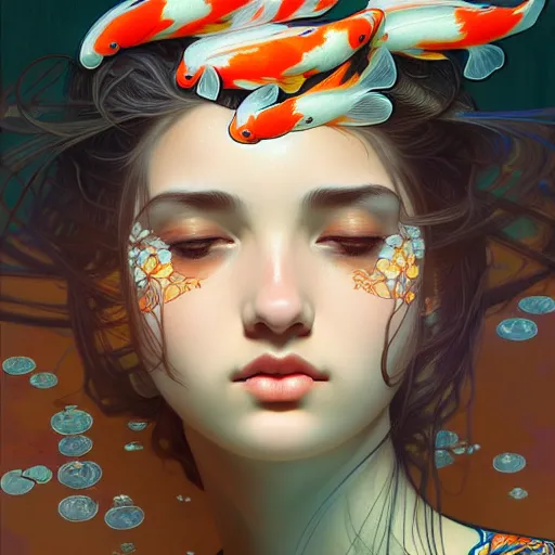 Prompt: Portrait of a girl surrounded by Koi fish, face, fantasy, intricate, elegant, highly detailed, digital painting, artstation, concept art, smooth, sharp focus, illustration, art by Tahir Tanis and Artem Demura and alphonse mucha