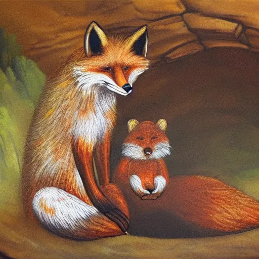 Prompt: fox and a bear sitting in a cave, painting