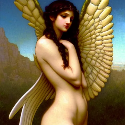 Image similar to Winged girl angel, face, fantasy, intricate, elegant, highly detailed, digital painting, artstation, concept art, smooth, sharp focus, illustration, art by John Collier and Jean-Leon Gerome and William Bouguereau and Albert Aublet