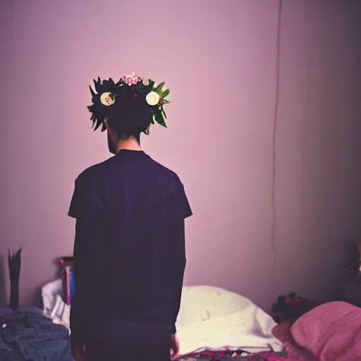 Prompt: kodak portra 4 0 0 photograph of a skinny goth guy standing in a cluttered bedroom, back view, flower crown, moody lighting, telephoto, 9 0 s vibe, blurry background, vaporwave colors, faded!,