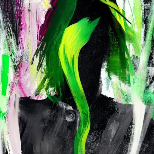 Image similar to closeup, very few thick long paint brush strokes, abstract depiction of the physique of one!!! very thin black suit man with green long straight hair posing dramatically, closeup, matte colors, conrad roset, dark abstract background, abstract painting trending on artstation