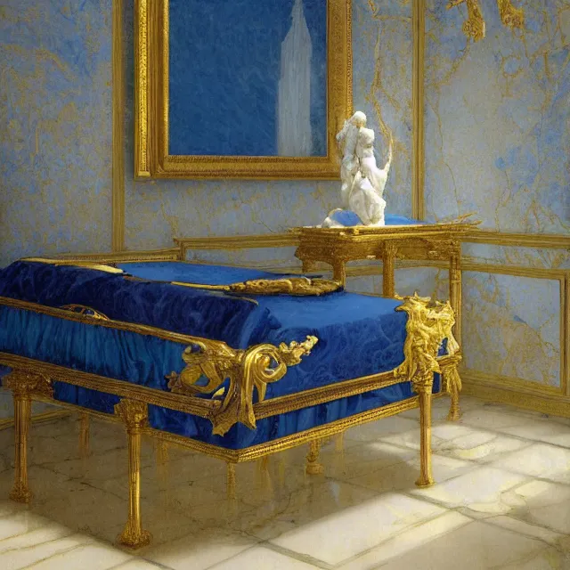 Prompt: gardens of marble draped in flowing sheets of cobalt blue gold silver satin, by ivan aivazovsky and syd mead and moebius and roger dean and donato giancola and yoshitaka amano and pieter claesz and paul delaroche and alma tadema and aelbert cuyp and willem claesz, hyperrealistic, volumetric light, render