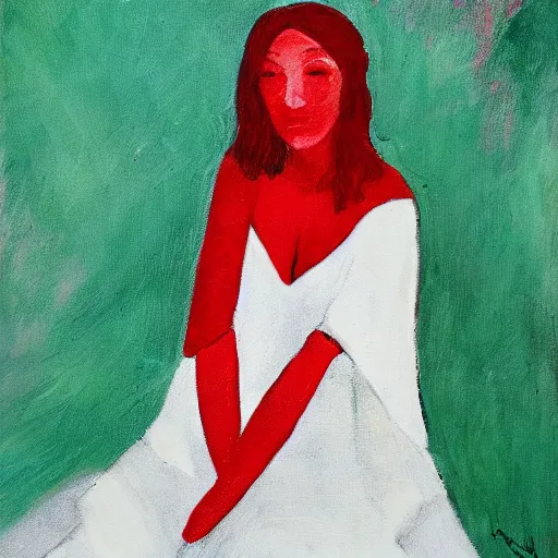Prompt: portrait of a woman wearing white and red, by leslie thrasher