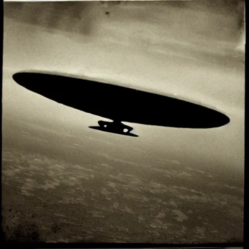 Image similar to a ufo seen from an aeroplane, vintage photo, old, grainy, sepia