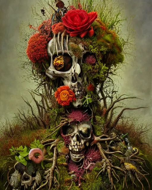 Prompt: 'Life from death' A horrifyingly detailed aesthetic horror full body portrait painting depicting 'A mossy skeleton with plants and flowers growing all over it, birds and insects flying all around it' by giuseppe arcimboldo and Rembrandt, Trending on cgsociety artstation, 8k, masterpiece, cinematic lighting, vibrant colors.