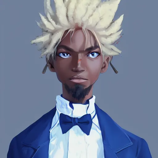 Prompt: african american man with blue eyes, blonde hair, blue horns, wearing steampunk attire, highly detailed, digital painting, artstation, matte, by makoto shinkai, animation style