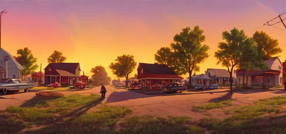 Image similar to concept art of a small rural town in middle America in the 1960s, detailed, Americana, golden hour