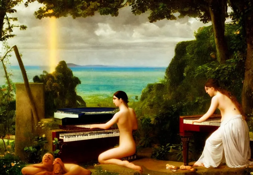 Image similar to Girl playing the palace piano, refracted sparkles, thunderstorm, greek pool, beach and Tropical vegetation on the background major arcana sky, by paul delaroche, hyperrealistic 4k uhd, award-winning, very very very detailed