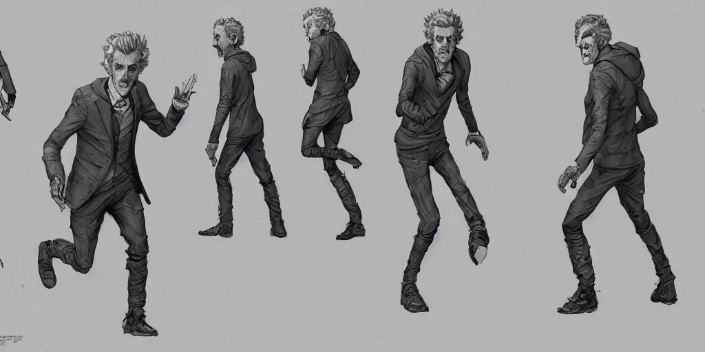 Image similar to cartoonish peter capaldi running away, character sheet, fine details, concept design, contrast, kim jung gi, greg rutkowski, trending on artstation, 8 k, full body, turnaround, front view, back view, ultra wide angle