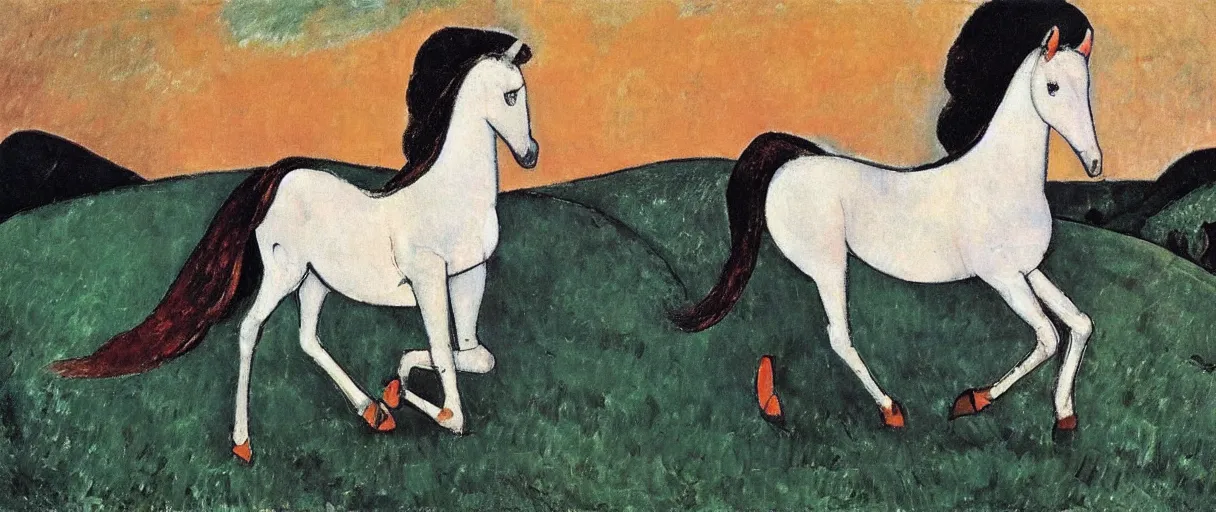 Image similar to a white horse galloping across the prairie, by amedeo modigliani