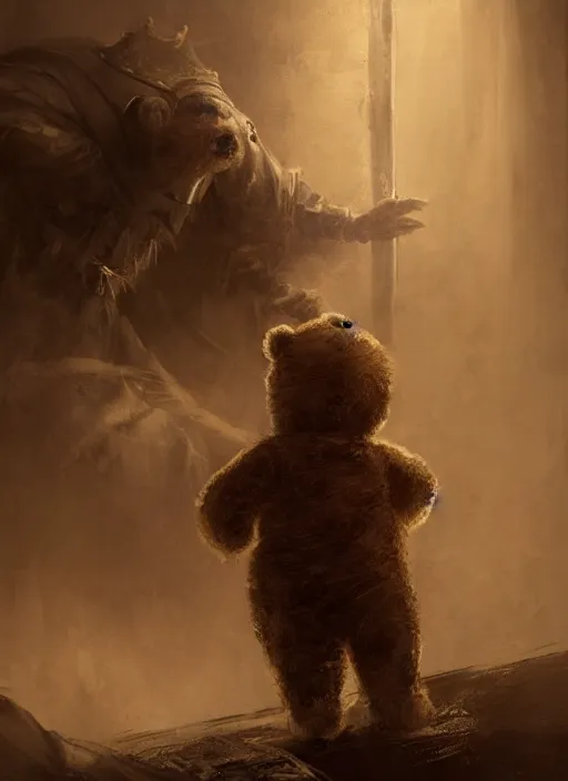 Image similar to a teddy bear dressed as a knight stands on a bed to scar away a nightmare that looms over a sleeping child, portrait, dramatic lighting, cinematic, establishing shot, extremly high detail, photo realistic, foto realistic, cinematic lighting, post processed, concept art, artstation, matte painting, style by eddie mendoza, raphael lacoste, alex ross