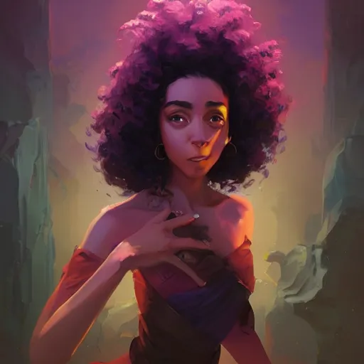 Image similar to portrait of a beautiful woman with black curly hair, maya ali mage, gloomhaven, dynamic lighting, gaudy colors, octane render aesthetic, matte painting concept art, official fanart behance hd artstation by jesper ejsing, by rhads and makoto shinkai and lois van baarle and ilya kuvshinov and rossdraws