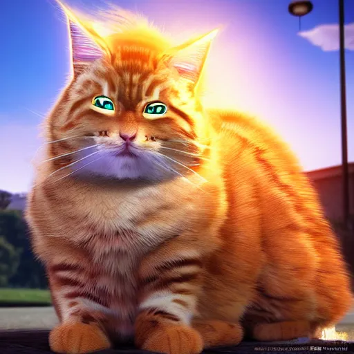 Image similar to colossal fluffy tabby cat going super saiyan, golden hour, fantasy, sharp focus, digital art, hyper realistic, 4 k, unreal engine, highly detailed, hd, dramatic lighting by brom, trending on artstation