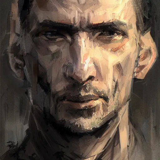 Image similar to Portrait of a man by Greg Rutkowski, he is about 40 years old, short black hair with bangs, his features are a mix between French, Turkish and Russian, expression of helplessness, sadness and resentment, he is wearing a futuristic tactical gear, highly detailed portrait, digital painting, artstation, concept art, smooth, sharp foccus ilustration, Artstation HQ.