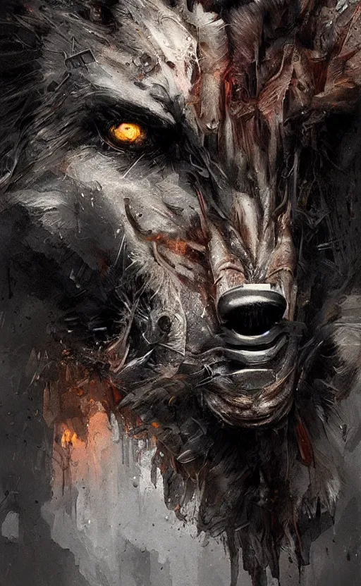 Image similar to hyperrealistic, Portrait of a werewolf, torn clothing, fantasy, urban, highly detailed, cinematic lighting, digital art painting by greg rutkowski