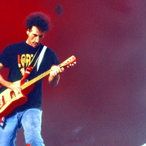 Prompt: Rage Against the Machine, live 1993, live at Lollapalooza, Tom Morello, Zack de la Rocha, VHS quality