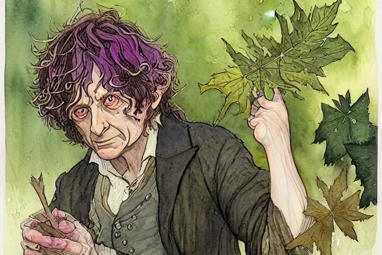 Prompt: a realistic and atmospheric watercolour fantasy character concept art portrait of bilbo baggins with pink eyes freaking out with a pot leaf nearby, by rebecca guay, michael kaluta, charles vess and jean moebius giraud