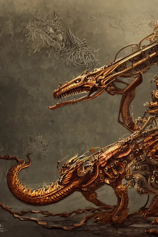 Image similar to illustration, single whole live dragon, old sick gold and crimsoned scaled asian style dragon on a steam punk plank of machinery with wires and gears and steam punk apparatus, matte painting, style of studio ghibli, concept art, featured in artstation and artgerm and pixiv, award winning, cinematic, 8 k