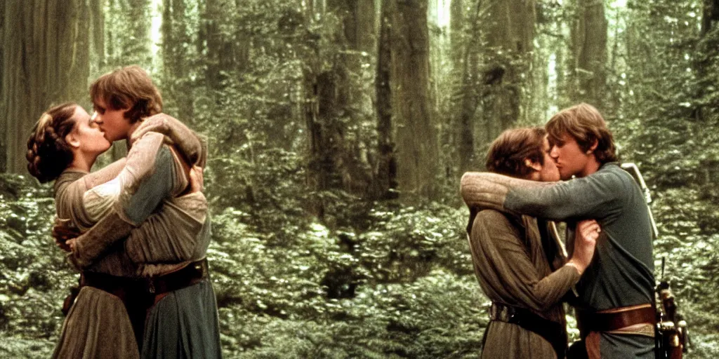 Image similar to luke skywalker, princess leia and han solo hugging and kissing in the forest of endor at the end of return of the jedi