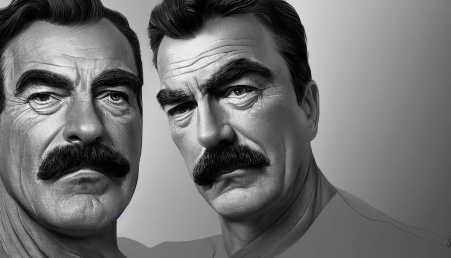 Image similar to tom selleck, wide portrait, hyperdetailed, artstation, cgsociety, 8 k