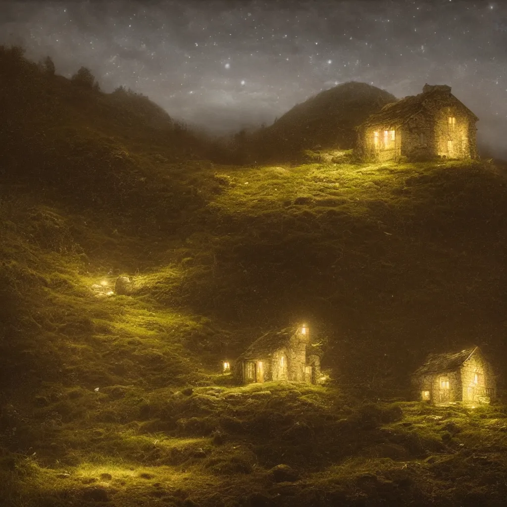 Image similar to A singular rotting cottage on a mountaintop at night, by Lee Madgwick, hyperrealistic, V-Ray 8k UHD