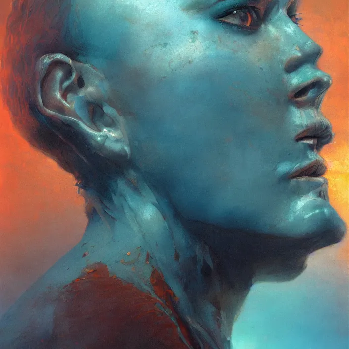 Image similar to portrait of, cinematic light, looking to the side off camera, backlight glow, teal orange, mist, by mikhail vrubel, by ( alex andreev ), by peter elson, by gerald brom, muted colors, extreme detail, trending on artstation, 8 k