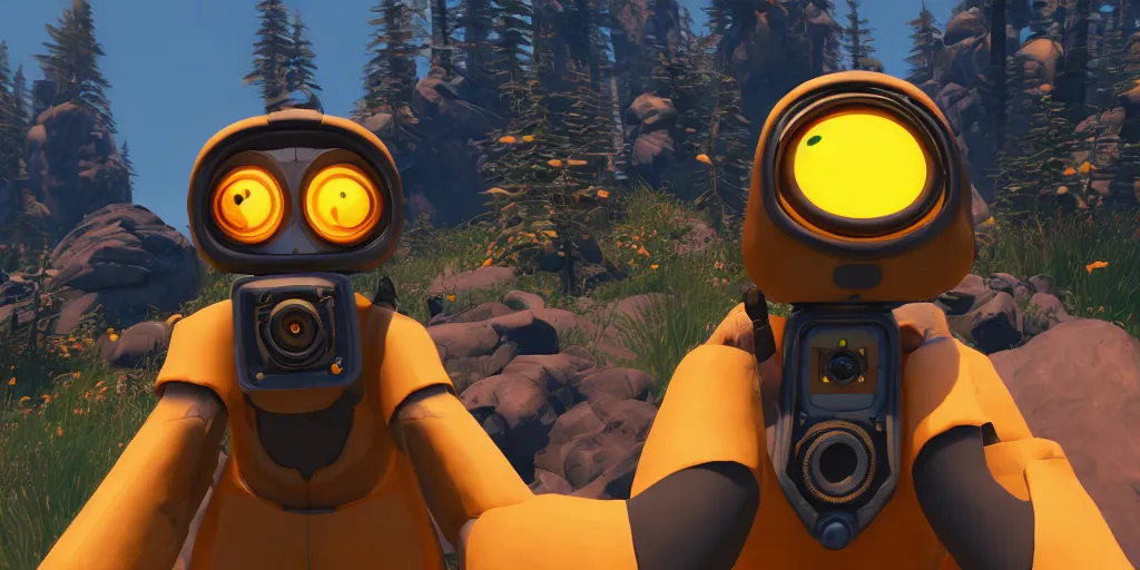 Image similar to selfie of a outer wilds character holding a camera, outer wilds screenshot, unreal engine, digital art