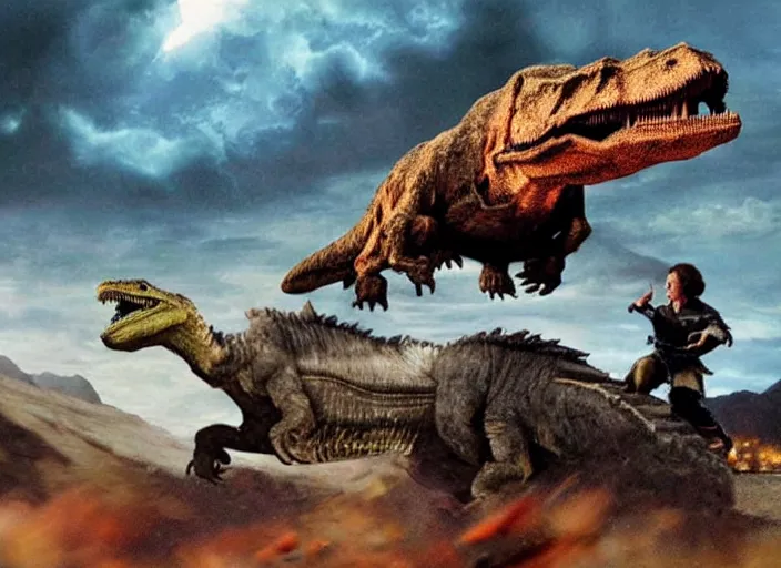 Image similar to Anakin Skywalker riding a Tyrannosaurus Rex into battle