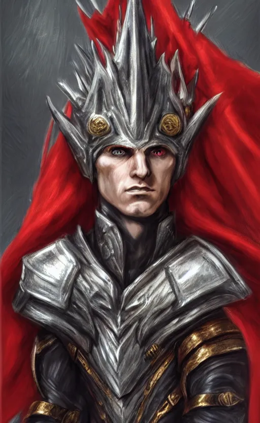 Image similar to A portrait of a male elf, 20 years old, short silver hair, red eyes, wearing a spiked black metal crown, black heavy armor with gold trim, and a red cape, lean but muscular, attractive, command presence, royalty, weathered face, smooth, sharp focus, illustration, concept art, highly detailed portrait, muscle definition, fantasy painting, ArtStation, ArtStation HQ