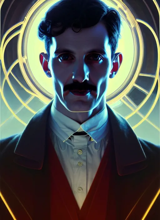 Image similar to symmetry!! portrait of nikola tesla male, chemisty, sci - fi, glowing lights!! intricate, elegant, highly detailed, digital painting, artstation, concept art, smooth, sharp focus, illustration, art by artgerm and greg rutkowski and alphonse mucha, 8 k